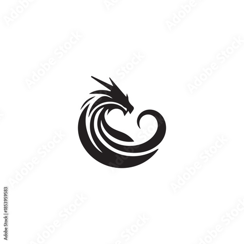 Stylized black dragon forming a wave shape on a white background