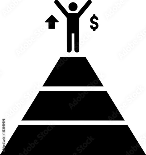 Man standing on top of pyramid with arms raised, dollar sign and up arrow symbol. Business success and achievement growth concept. Vector icon for financial design