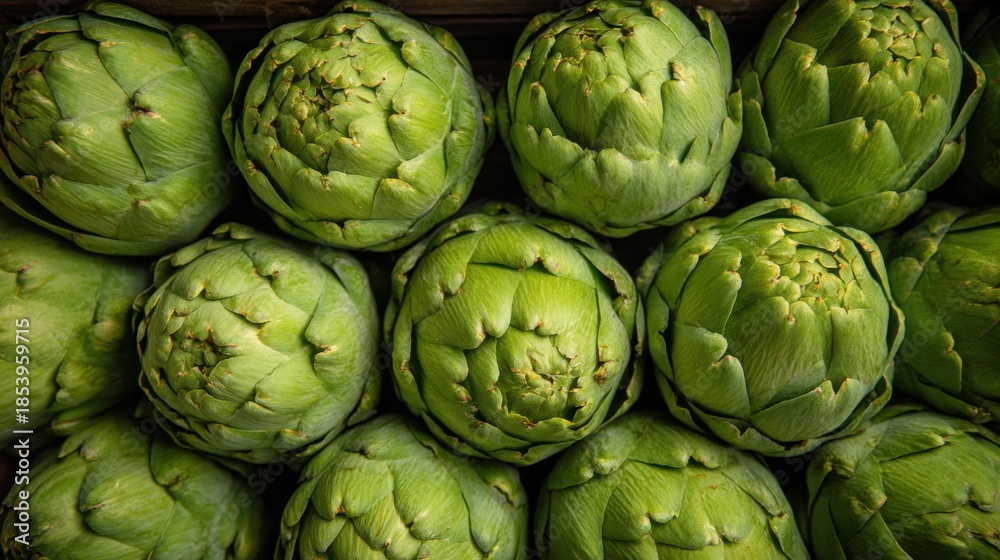 Fototapeta premium Artichokes are arranged neatly in a display at a market. The green vegetables show their rounded shapes and potential for cooking. Morning light highlights their colors
