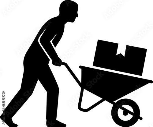 Man pushes a wheelbarrow with a box, representing freight, delivery, and construction. Silhouette icon graphic for various design applications
