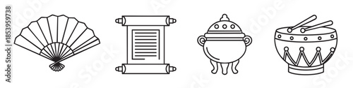A set of four simple line art icons representing traditional Asian cultural objects: a fan, a scroll, a censer, and a drum.