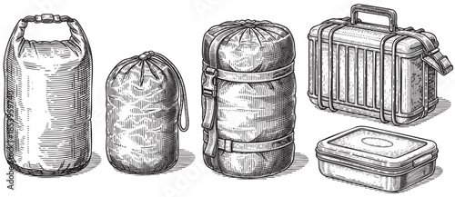 This black and white illustration showcases various vintage camping equipment, including dry bags, a sleeping bag, a hard case, and a lunchbox, perfect for outdoor adventure themes.