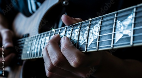 Close up of hands playing electric guitar.