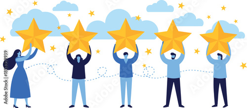Team Achievement and Rating Flat Illustration Featuring People Holding Stars, Success Recognition, Performance Review, Motivation and Positive Feedback Concept