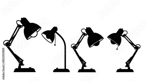 Black Desk Lamp Silhouette Vector Showing Closed Angled Left Angled Right and Shining Poses