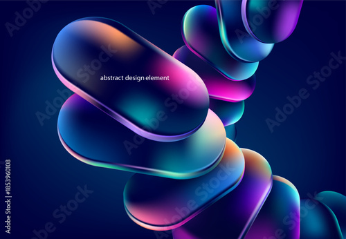 Abstract glass background of 3D transparent circle and ovals. Iridescent  geometric shapes in liquid glass style.