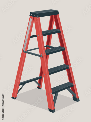 Red step ladder standing alone against a plain white background