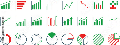 Growth icon set. Containing arrow up and down, growing graph, business Bar chart icons. Ascending and descending schedule. Business infographics. Statistic data, charts, vector