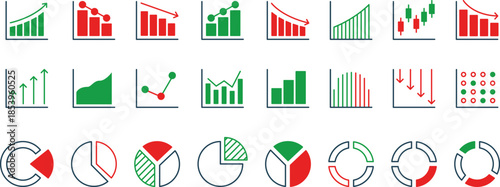 Growth icon set. Containing arrow up and down, growing graph, business Bar chart icons. Ascending and descending schedule. Business infographics. Statistic data, charts, vector