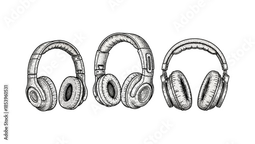 Three pairs of headphones in a detailed black and white drawing.