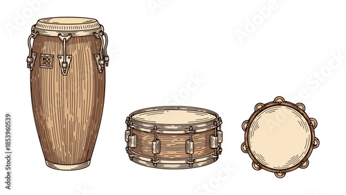 Illustration of three different percussion instruments, including a conga drum, snare drum, and tambourine.
