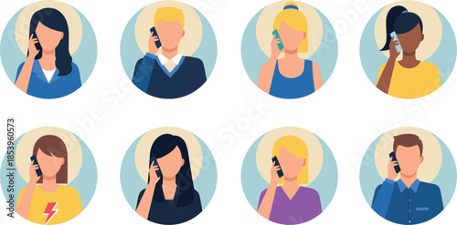 People Talking on Phone Flat Illustration Set Featuring Diverse Avatars, Customer Support, Communication, Call Center, Contact Service and Social Interaction Concept