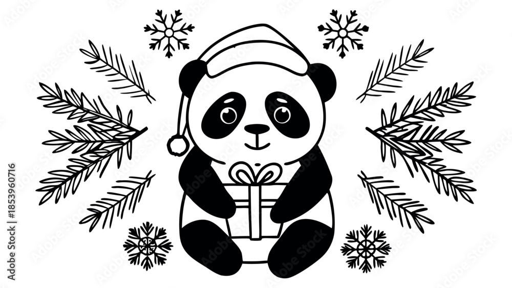 Fototapeta premium Baby Panda Wearing Santa Hat Holding Small Gift