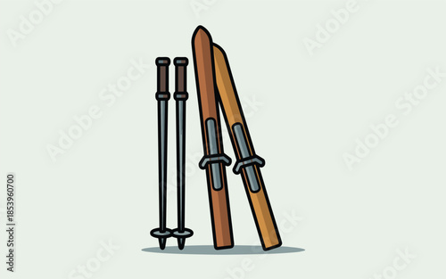 Illustration of Ski Equipment Standing Upright on Snowy Ground