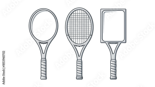 Three tennis rackets with different head shapes: round, oval, and square.