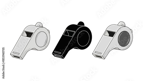 Three whistles in different colors, side by side, showing the design and shape.
