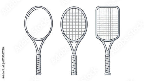 Three different styles of tennis rackets, including round, oval, and square head shapes, are depicted in a line drawing.