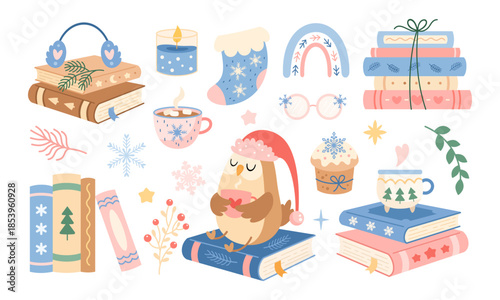 Winter books clipart set in pastel colors, Trendy Christmas bookish aesthetic, Book lover gifts, Cozy reading, Bookstore Holiday Graphics, Seasonal vector illustration.