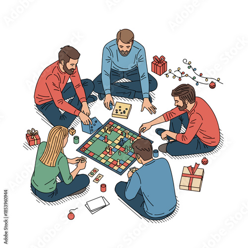 Friends playing board games together on the floor during holidays  