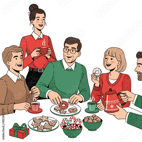 Group of coworkers enjoying festive treats during Christmas gathering  