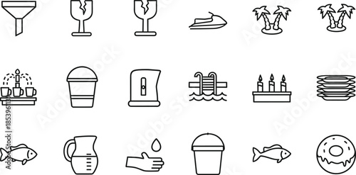 Set of thin line icons featuring household kitchenware cleaning supplies fragile glass symbols tropical palm trees jet skis and swimming pool elements isolated on white background vector illustration