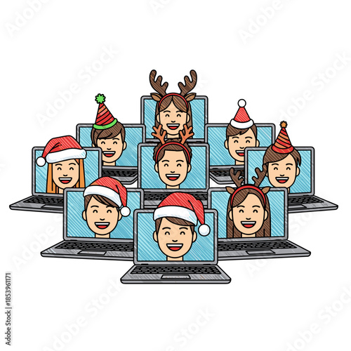 Virtual holiday party with smiling faces on laptop screens