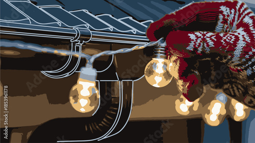 Close-up of a gloved hand hanging string lights with edison bulbs under a roof eave with a warm and cozy mood.