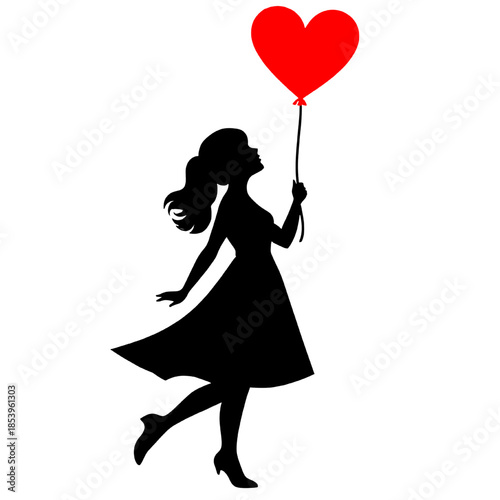 Black silhouette of a woman holding a red heart shaped balloon isolated on white background symbolizing love romance freedom and emotion.