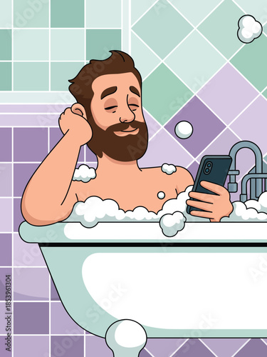 Man relaxing in a bubble bath with a phone in a bathroom setting