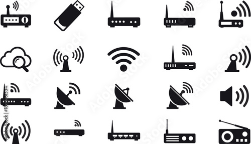 Set of black wireless networking icons featuring internet routers with antennas satellite dishes wifi signal symbols radio receivers and cloud data search icons isolated on white background