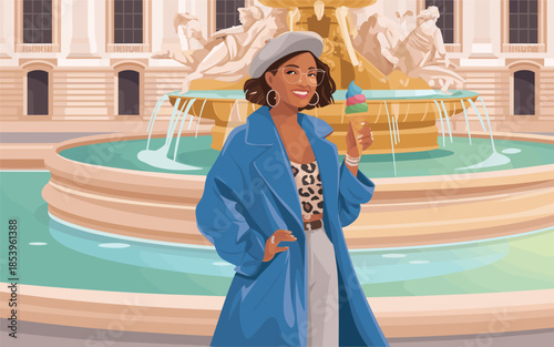 Woman standing confidently in front of a fountain with a large building behind it