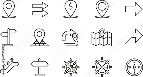 Set of thin line navigation icons featuring location pin markers directional arrows road maps compasses signposts and nautical steering wheels isolated on white background vector illustration