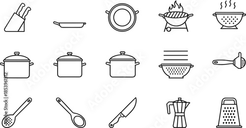 Set of thin line kitchenware icons featuring various cooking pots frying pans colanders chef knives barbecue grills and coffee makers isolated on white background vector illustration