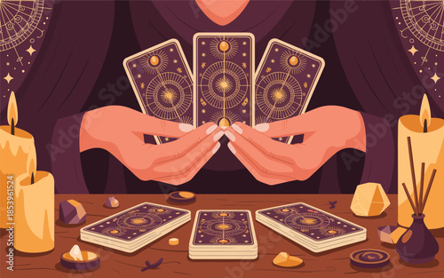 Mysterious hands holding tarot cards over a mystical table setting with candles and incense
