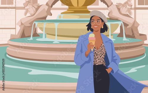 A young woman enjoys an ice cream cone in front of a majestic fountain with statues in a serene courtyard
