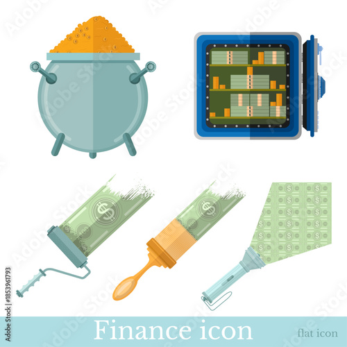 Safe with money, caldron with gold, brush and platen draw banknotes, flashlight lit money. Set of business concept flat icons.