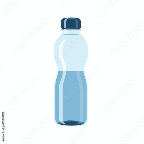 A cartoon-style water bottle filled with blue liquid and a dark blue cap on a white background
