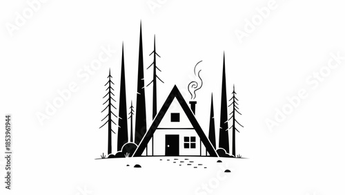 A frame cabin in the woods with smoke from chimney.