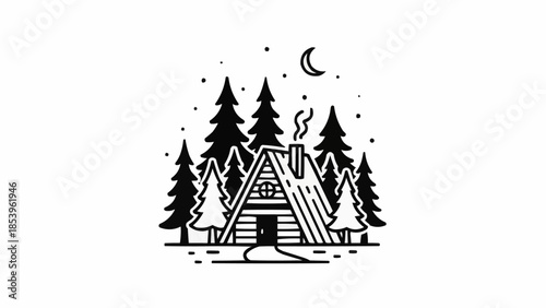 A frame cabin in a forest at night with a crescent moon.