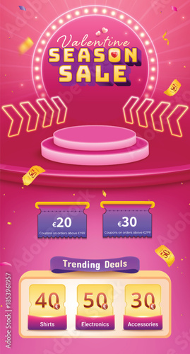 Valentine's Day Sale Landing Page Design Vector Illustration For Website and Mobile On Pink Background. E-commerce Design Template.