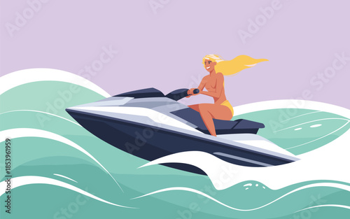 A woman riding a jet ski on ocean waves with a flowing mane of blonde hair