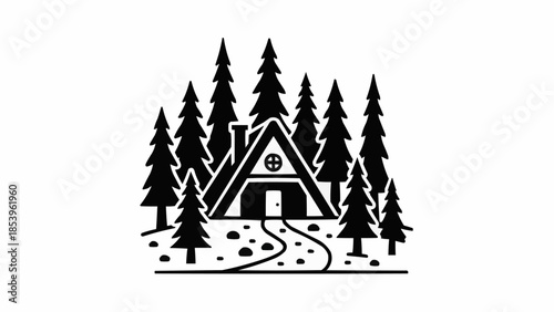 A frame cabin nestled amongst tall pine trees in a forest setting.