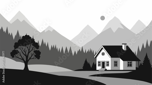 A solitary house nestled among trees and mountains.