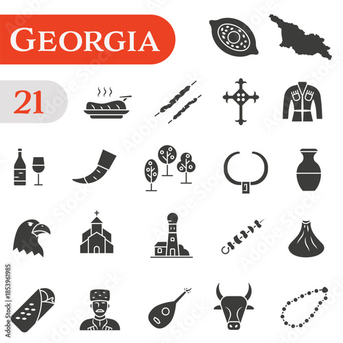 A set of stylish Doodle icons dedicated to Georgia's culture, architecture, and cuisine.