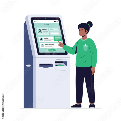 A person in a green sweater uses a kiosk with a touch screen