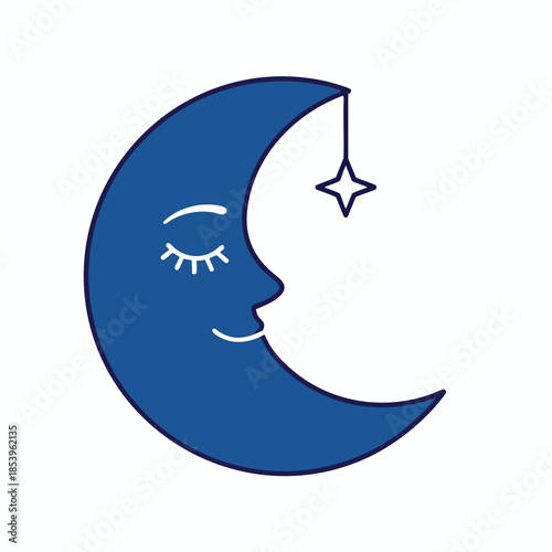A stylized crescent moon with closed eye and smiling face, and dangling star