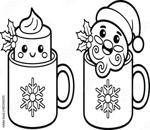 Playful Line Art Illustration of Two Christmas Mugs with Snowflakes Featuring a Cute Marshmallow and Santa Claus for Holiday Themed Design.