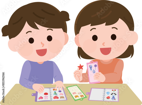 シール交換をする女の子たち　イラスト