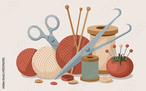 Sewing supplies and threads arranged on a table with scissors and knitting yarns