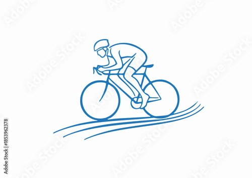 Minimalist blue line illustration depicts a professional cyclist in an aerodynamic racing position on a road bike, conveying speed and athleticism